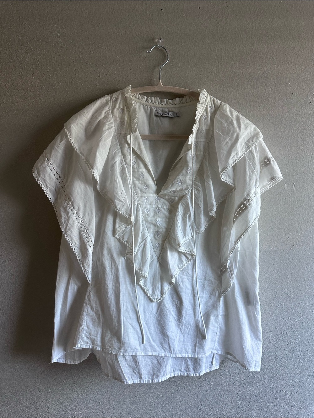 Maria Cher White Embroidered Ruffle Boho Blouse L